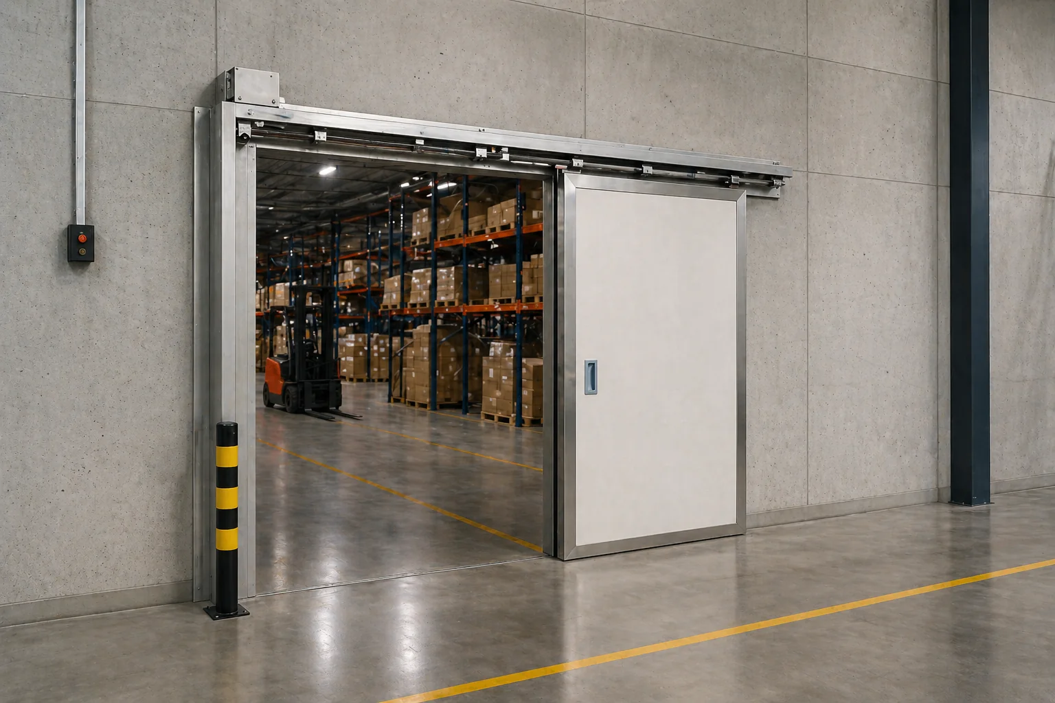 Representación de producto Mecosa: puerta corredera cortafuegos en una nave logística